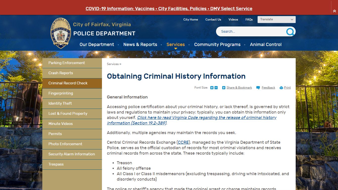 Obtaining Criminal History Information | City of Fairfax, VA